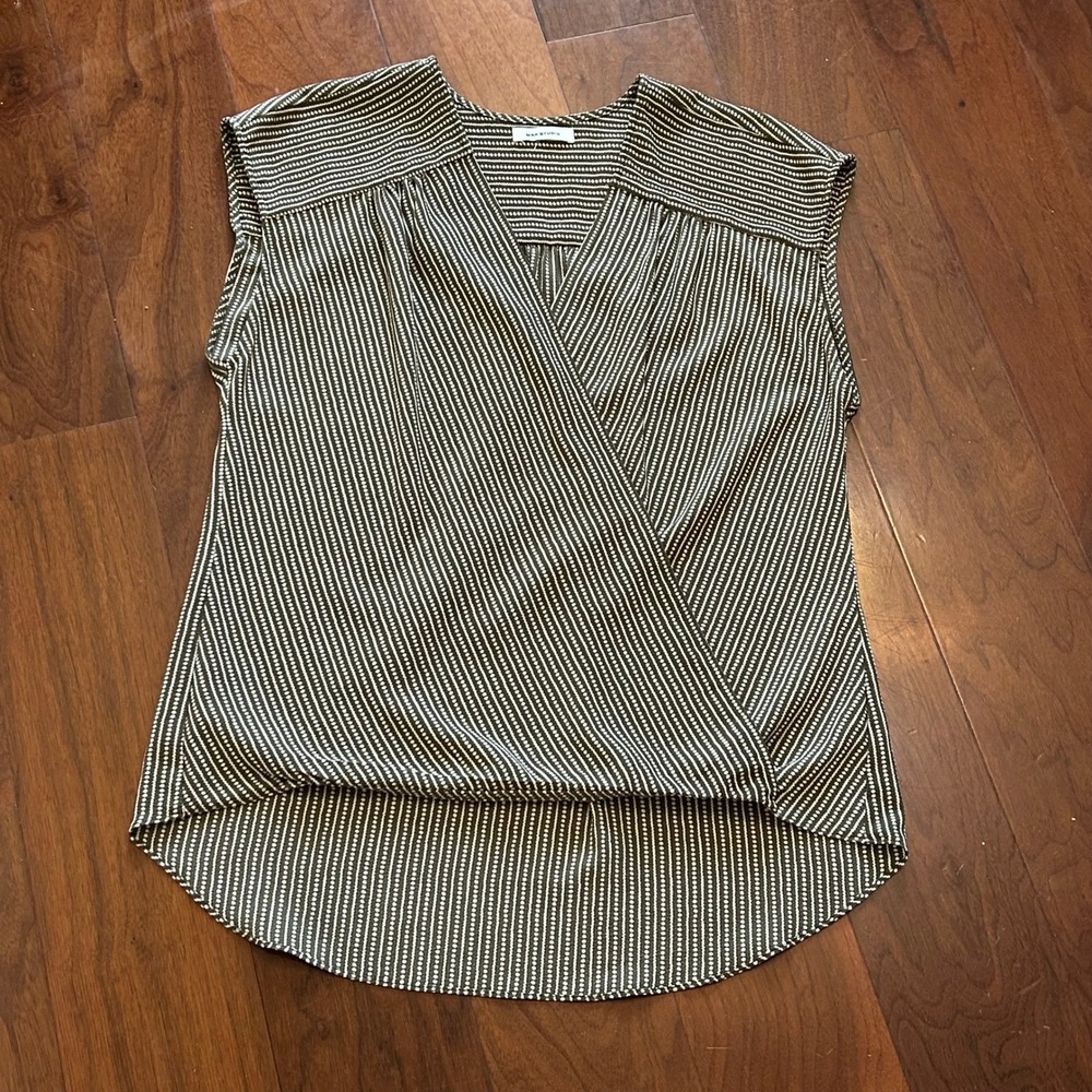 Max Studio Women's Olive Green Striped Sleeveless Faux Wrap Blouse Top‎